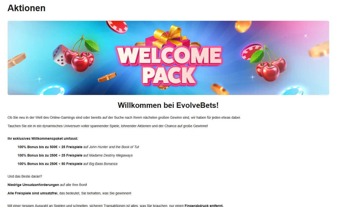 Evolve Casino Bonus – Willkommenspaket bis 1.000 € + 100 Freispiele
