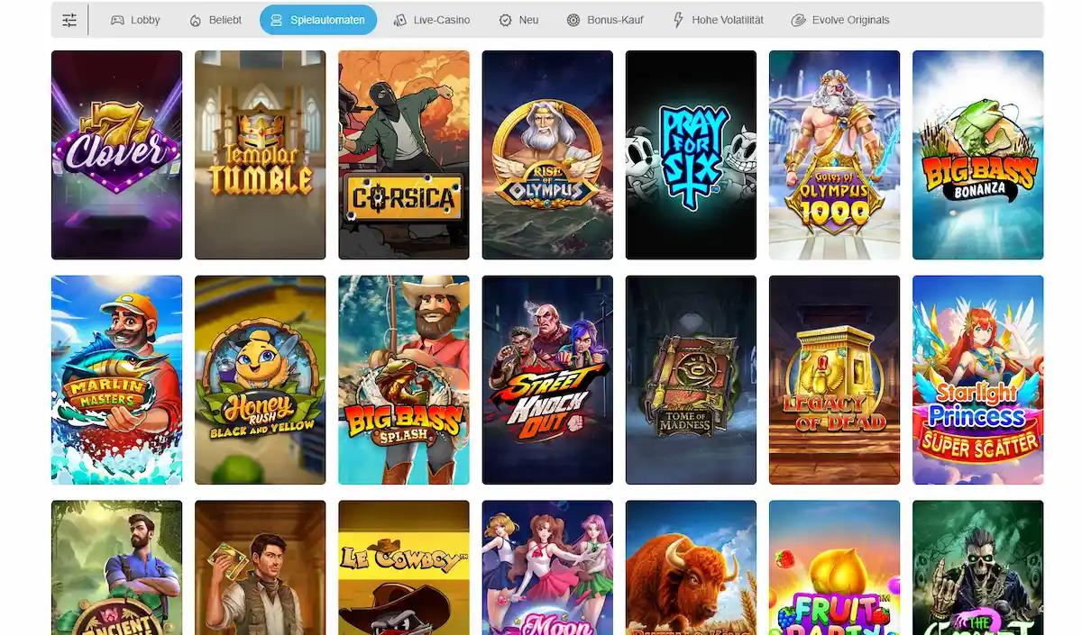 Evolve Casino Slots – Spielautomaten-Lobby mit Gates of Olympus und weiteren Titeln